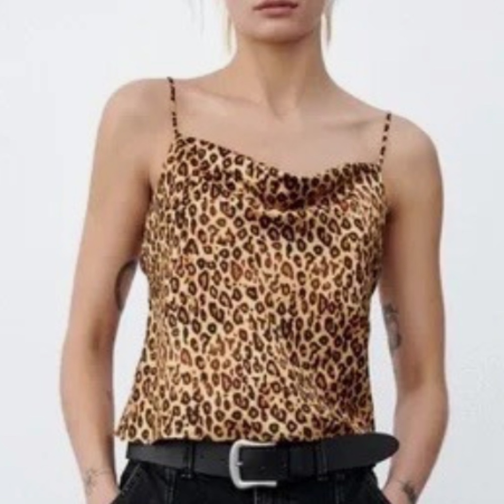 Zara Leopard Print Metal Chain Detail Cowl Neck Camisole Tank Top Size M NWT!